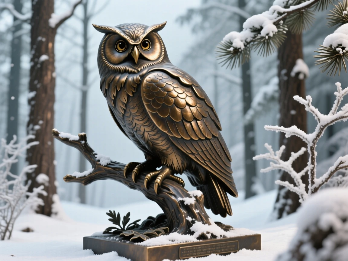 A snowy owl perched silently in a winter forest, rendered with rich, dynamic energy, evoking wonder and majesty