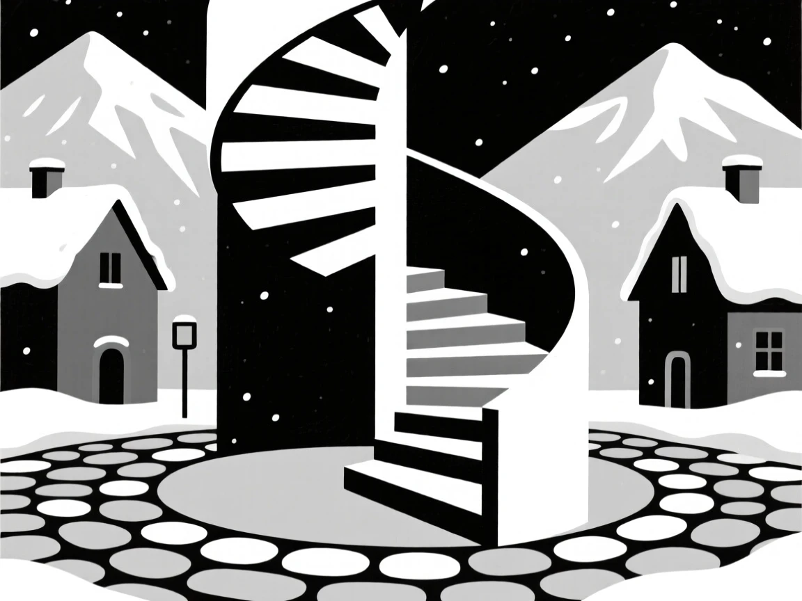 A spiral staircase, striking and prominent, stands in a snow-dusted alpine town, surrounded by cobblestone pathways, expressing timeless grandeur.