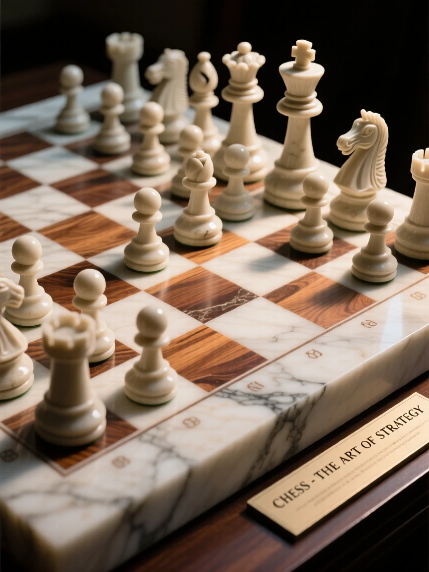 An elegant close-up study of a chess board mid-game under warm light, composed with warm, dramatic lighting