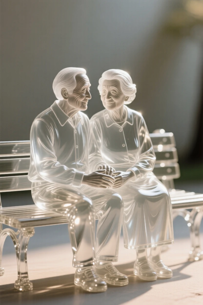 An elderly couple holding hands on a park bench set against a simple blurred background, dramatic side lighting carving out the features, mood tender and heartfelt.