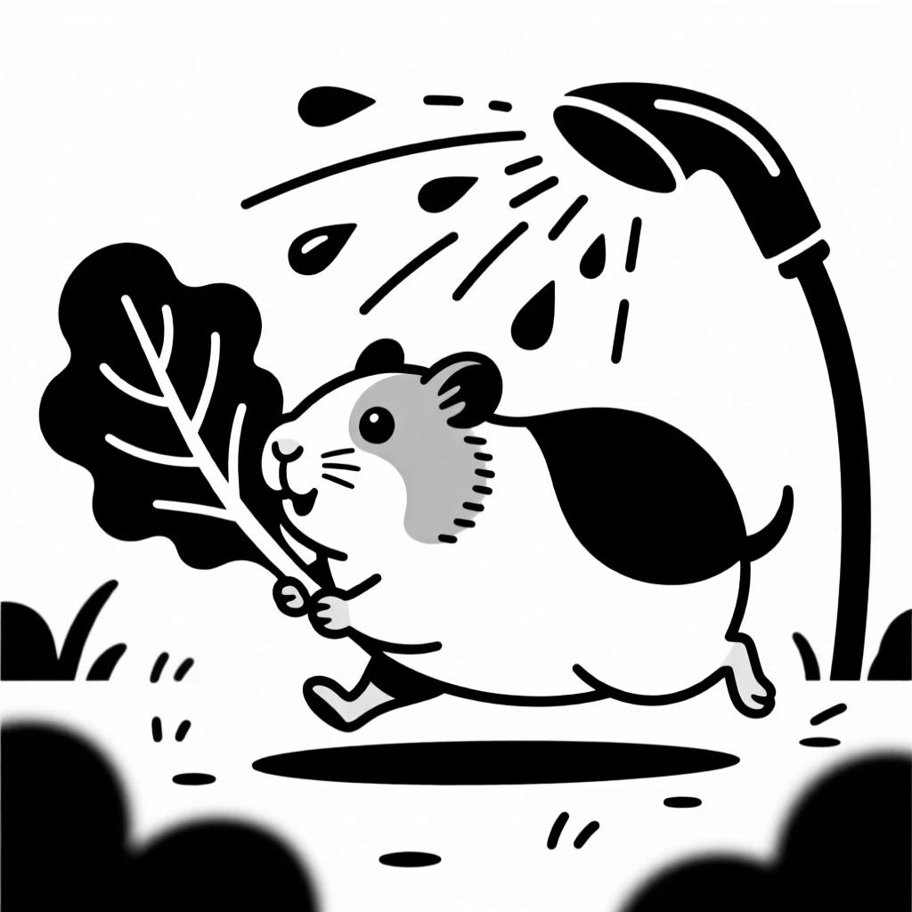 A guinea pig nibbling lettuce running through a sprinkler on a summer day.