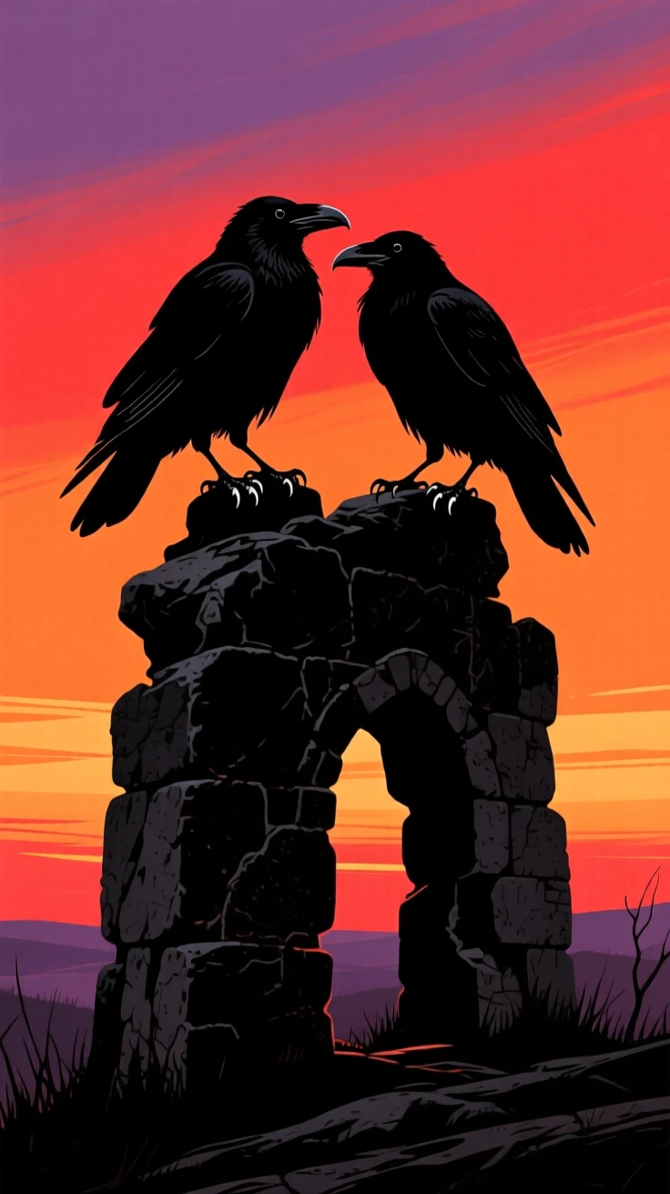 A pair of ravens perched together atop an old stone ruin.