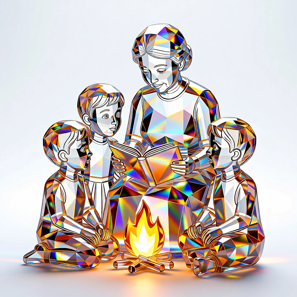 A grandmother reading fairy tales to her wide-eyed grandchildren by firelight.