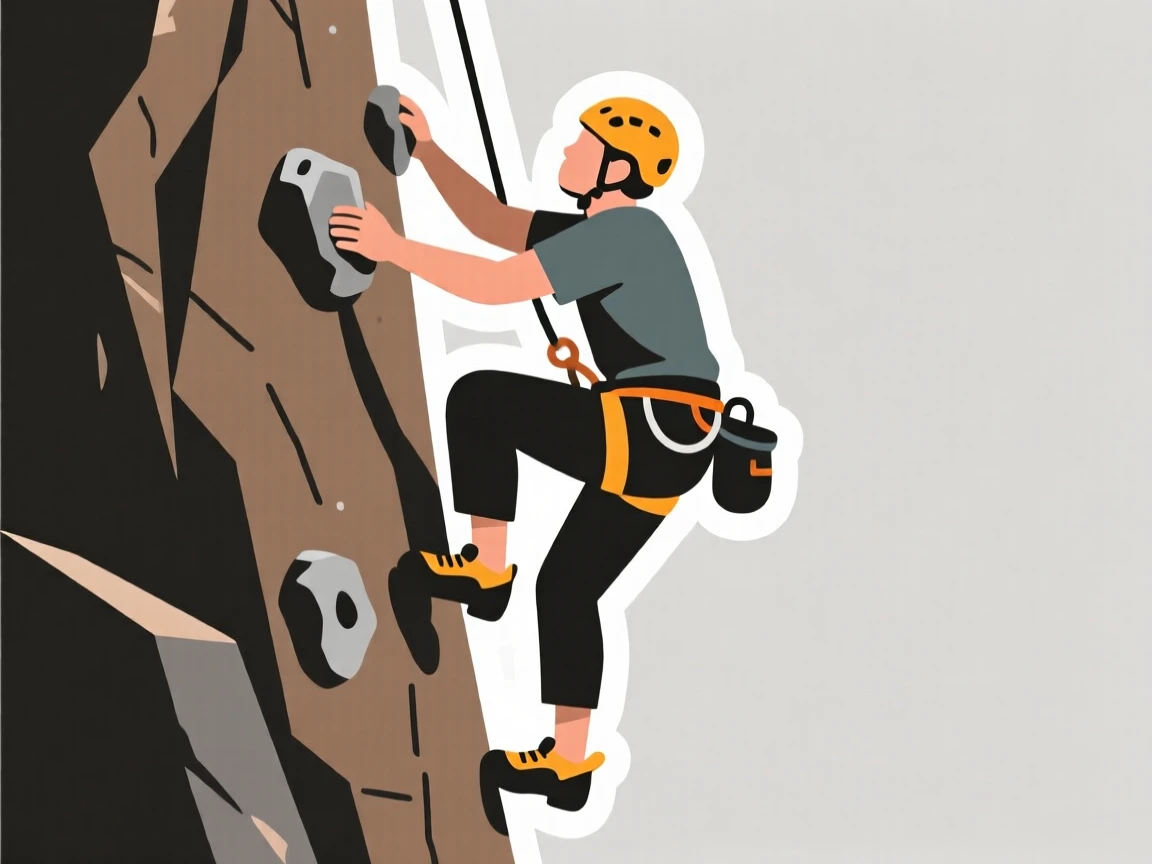 A calm and content rock climber scaling a cliff face, fully immersed in the creative process, on a quiet weekend afternoon.