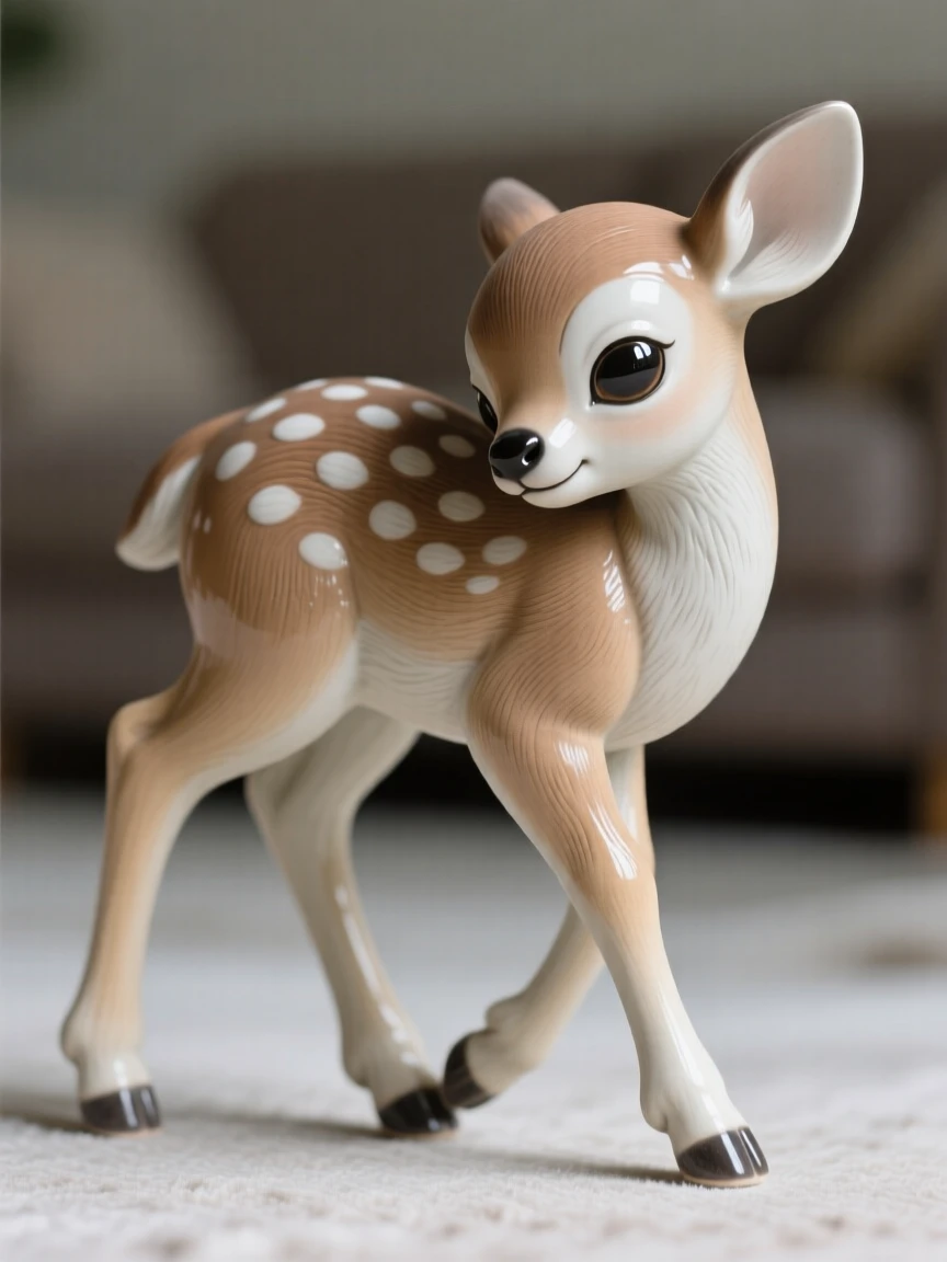 A wide-eyed baby deer taking its first wobbly steps curled up in a picture of sleepy contentment, with big round eyes full of innocent wonder, conveying gentle warmth perfect for any family space.