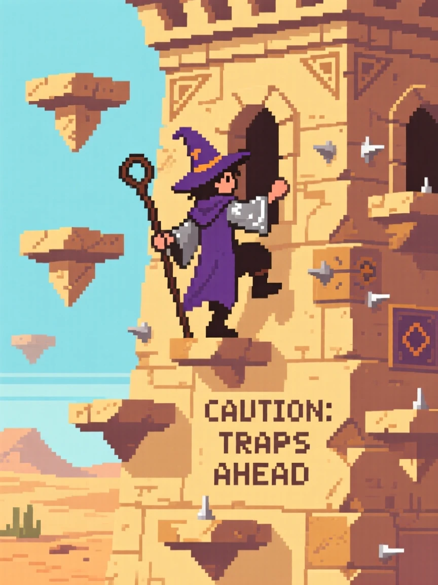 A young mage climbing a tower guarded by floating platforms, in a desert temple filled with traps.
