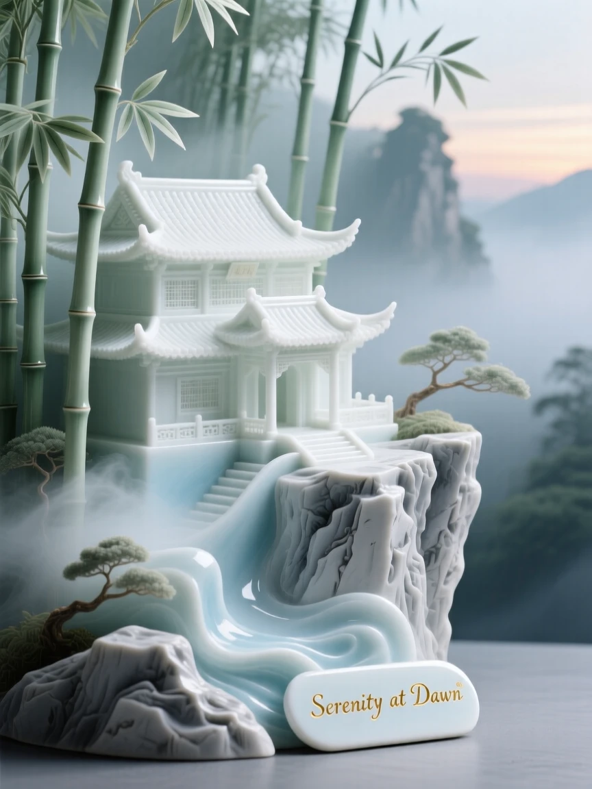 A serene cliffside monastery nestled in a misty bamboo forest, bathed in the soft light of dawn.
