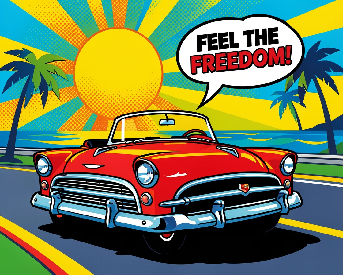 A vintage convertible cruising along a coastal highway