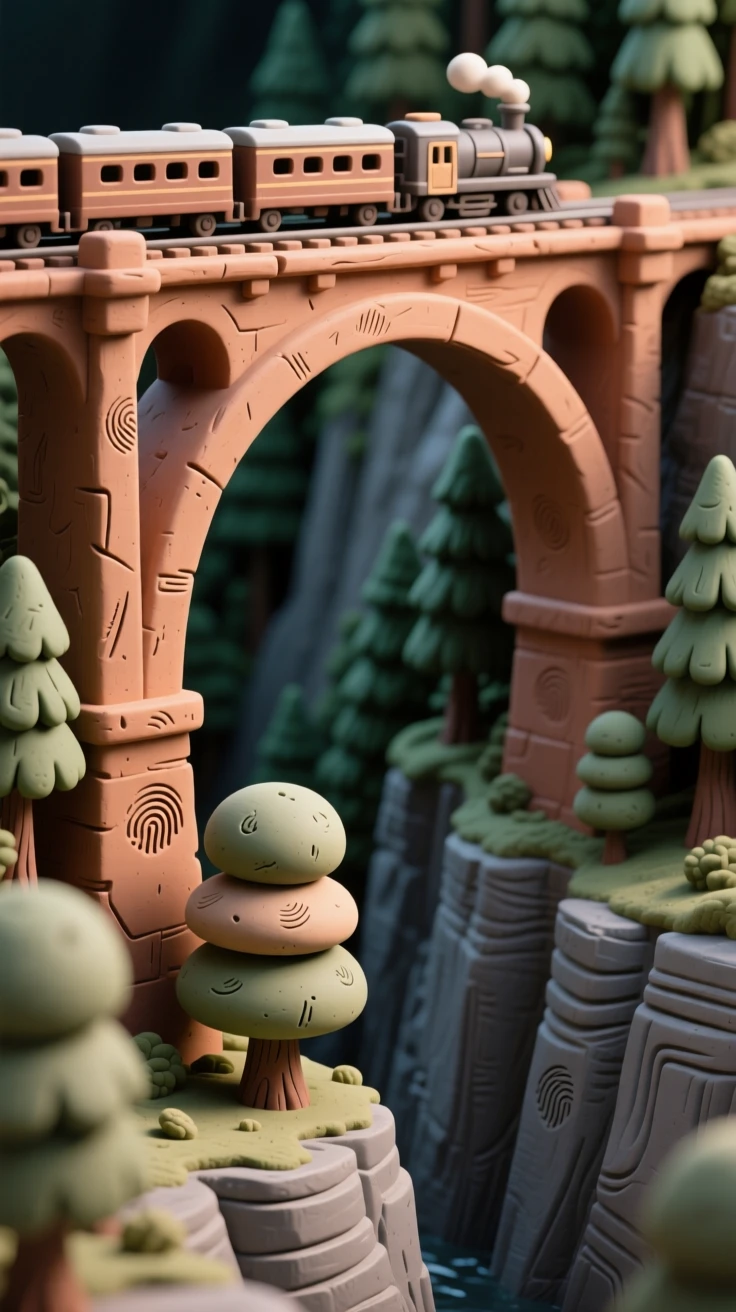 A grand train bridge arching over a deep forested gorge