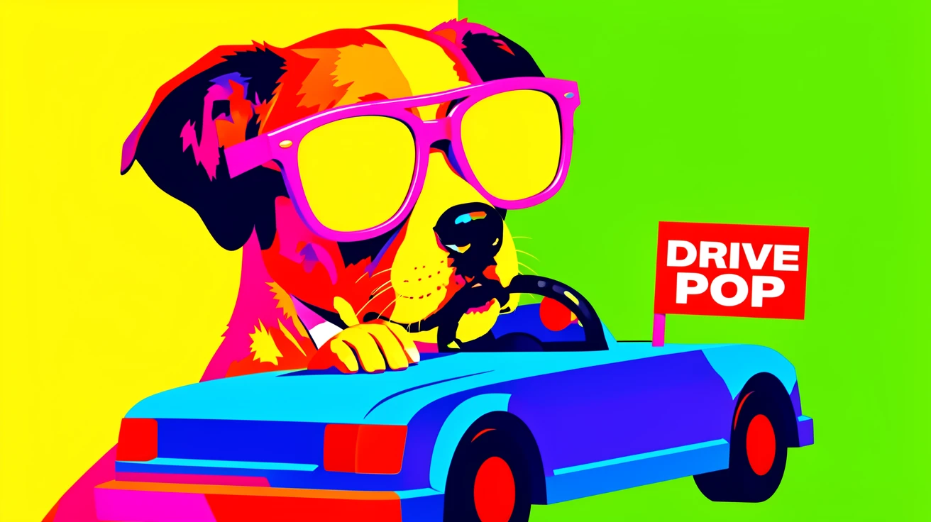 Dog wearing oversized sunglasses driving a toy car