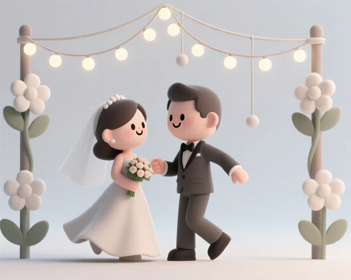 A wedding couple shares a joyful dance beneath a canopy of twinkling string lights and hanging flowers.
