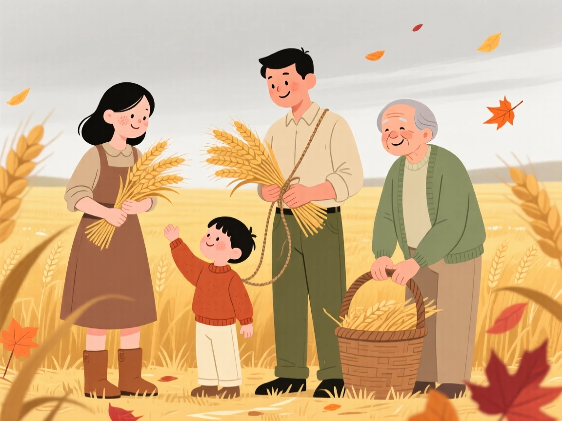 A family gathers bundles of wheat in a golden field as the first falling leaves drift down around them under a overcast gray sky.