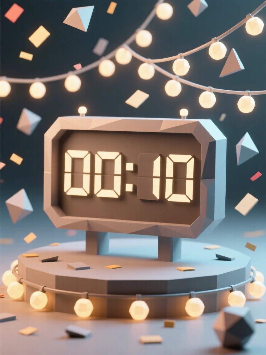 A New Year's Eve countdown under a shower of confetti, under strings of warm twinkling lights. soft light and gentle shadows add depth to the scene. There is a joyful, festive energy in the air.