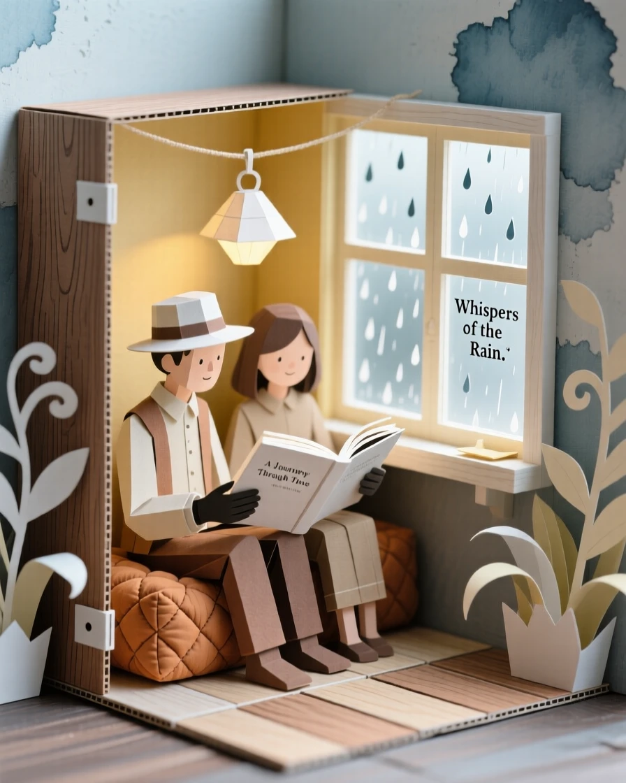 A traveling musician reading together in a cozy window nook, with gentle rain misting the air, conveying nostalgia and gentle happiness.