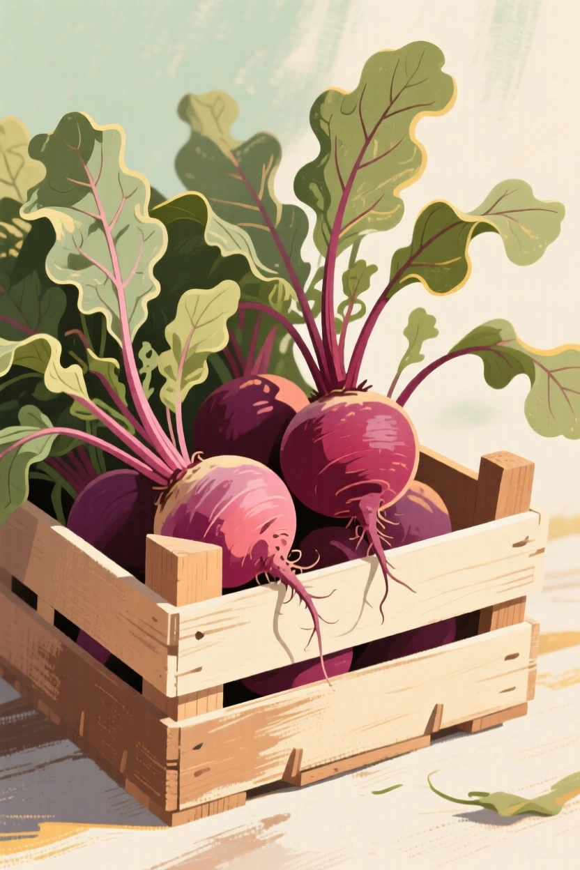 A crate of freshly harvested beets with their leaves still attached