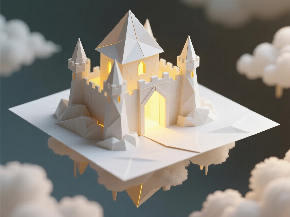 A floating fortress made of clouds with a single glowing gate at its center.