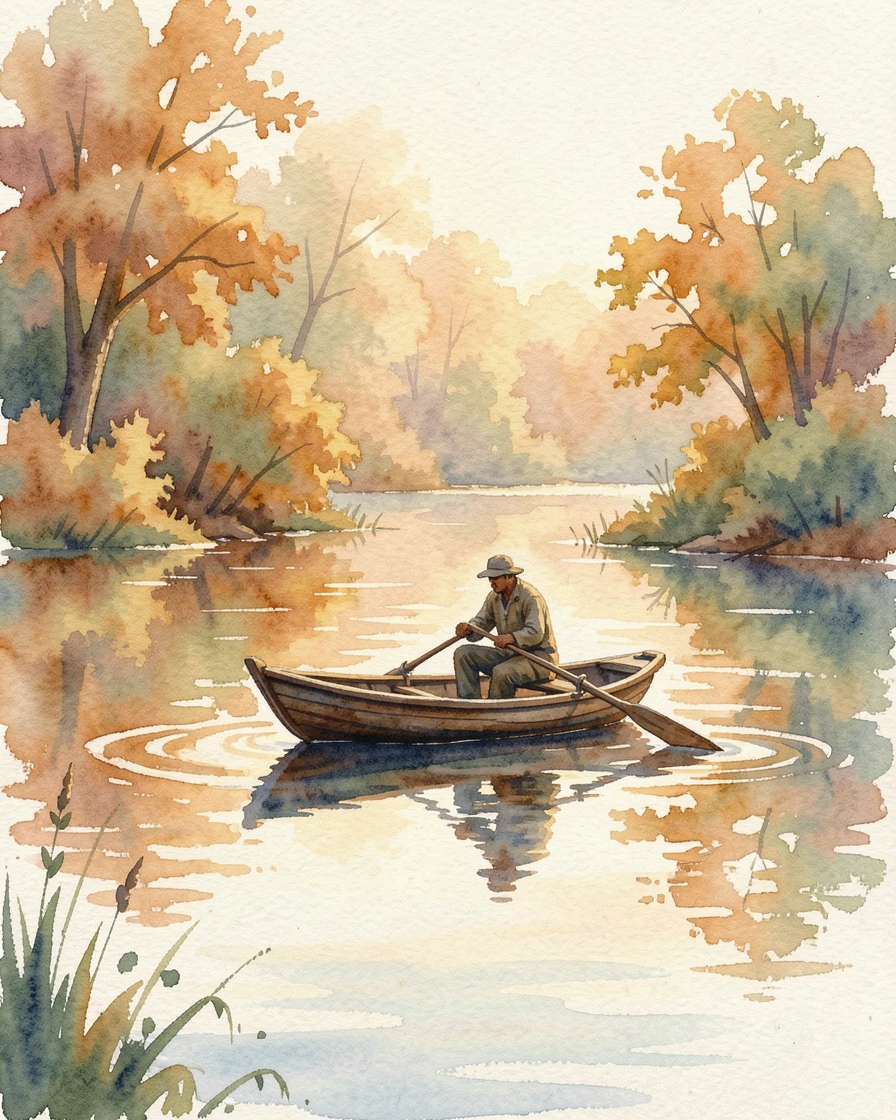 A fisherman rowing a small boat across a calm lake surrounded by a warm and inviting setting.