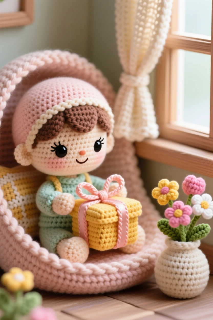 A tender everyday moment: a small child wrapping a present for a sibling with ribbon curling at the edges, tying the final bow carefully inside a cozy reading nook tucked beside a window; a small vase of fresh garden flowers completes the scene, full of tender, unspoken affection.