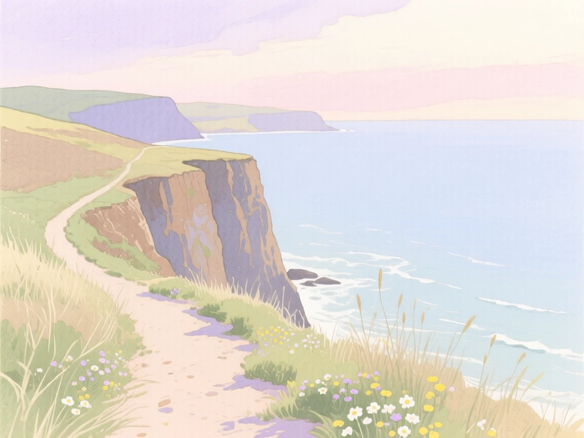 A serene view of a coastal cliffside path, while the world remains still and quiet, evoking calm and quiet reflection