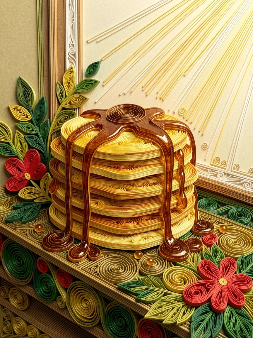 a stack of golden pancakes drizzled with maple syrup, on a cozy windowsill with morning light streaming in, arranged in an appetizing overhead flat-lay composition, in a fresh palette of green, red, and gold.
