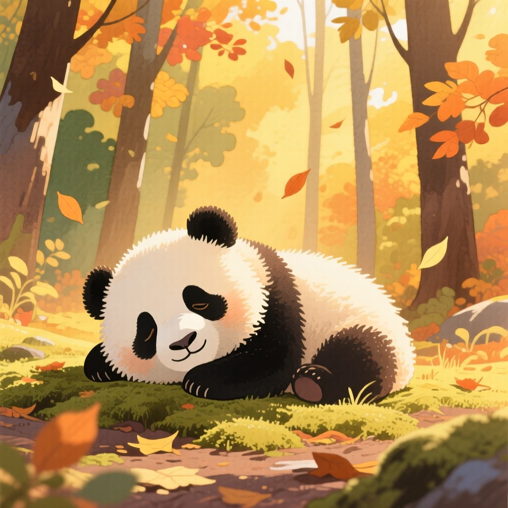 A fuzzy baby panda resting peacefully in a golden autumn woodland at the golden hour.