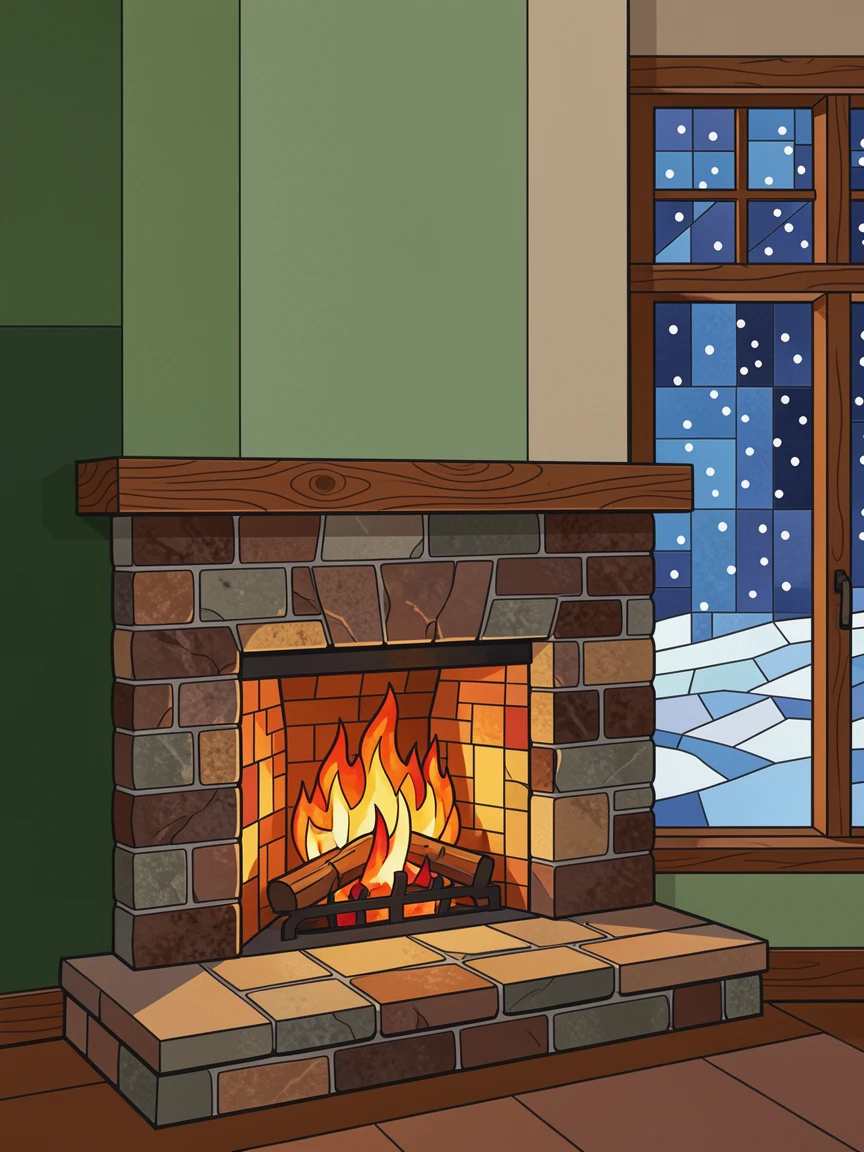 A crackling fireplace in a rustic cabin during a snowy evening.