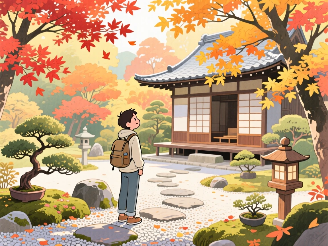 A traveler pauses to soak in the view amid a serene Zen garden in Kyoto during autumn foliage, radiating cultural warmth and beauty.