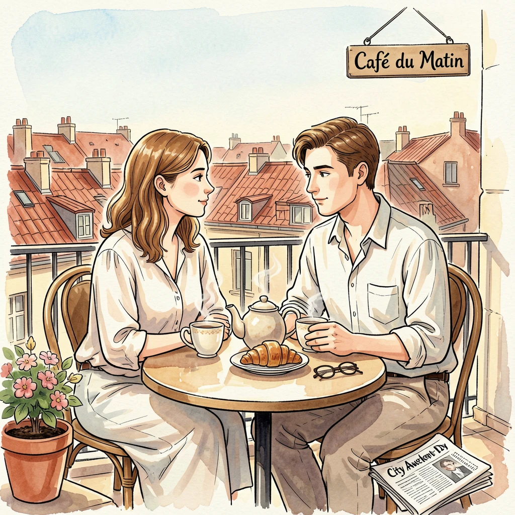 A young couple sharing a quiet breakfast on a sunlit balcony overlooking the rooftops, small details hinting at the story behind the moment.