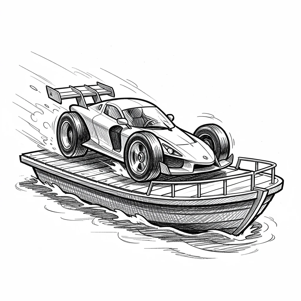 A speedy race car crossing a river on a ferry route.