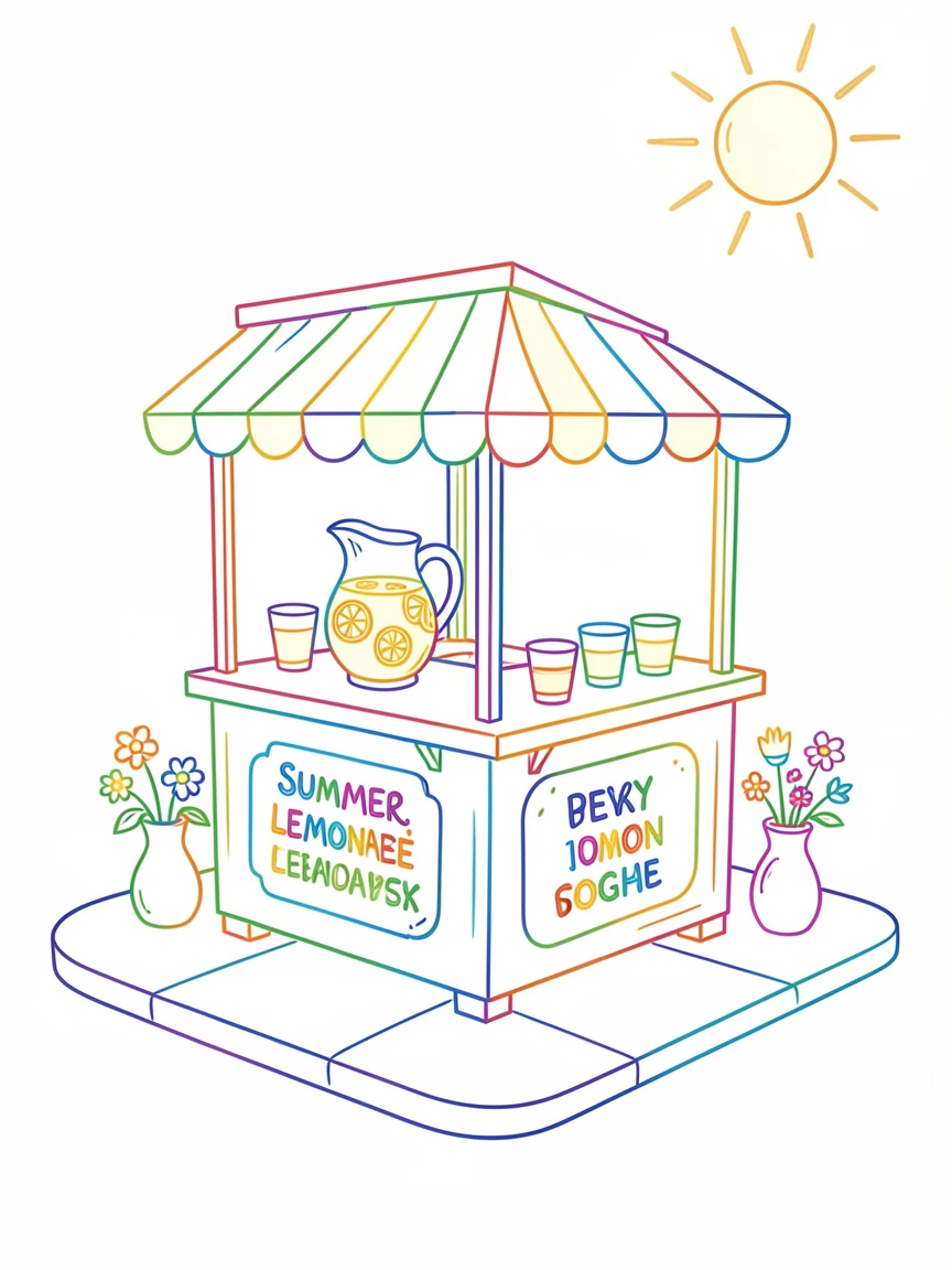 A summer lemonade stand set up on a sunny sidewalk corner.