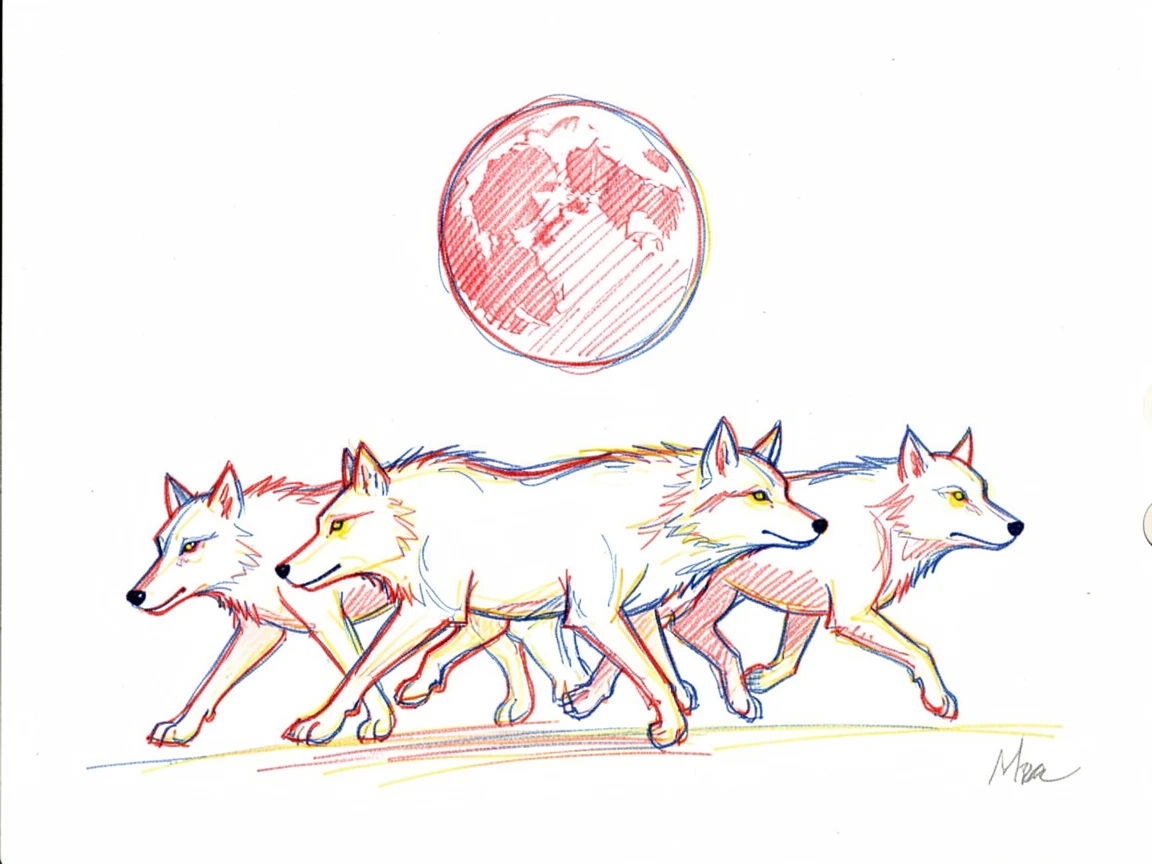 A pack of wolves with glowing eyes running beneath a full blood moon