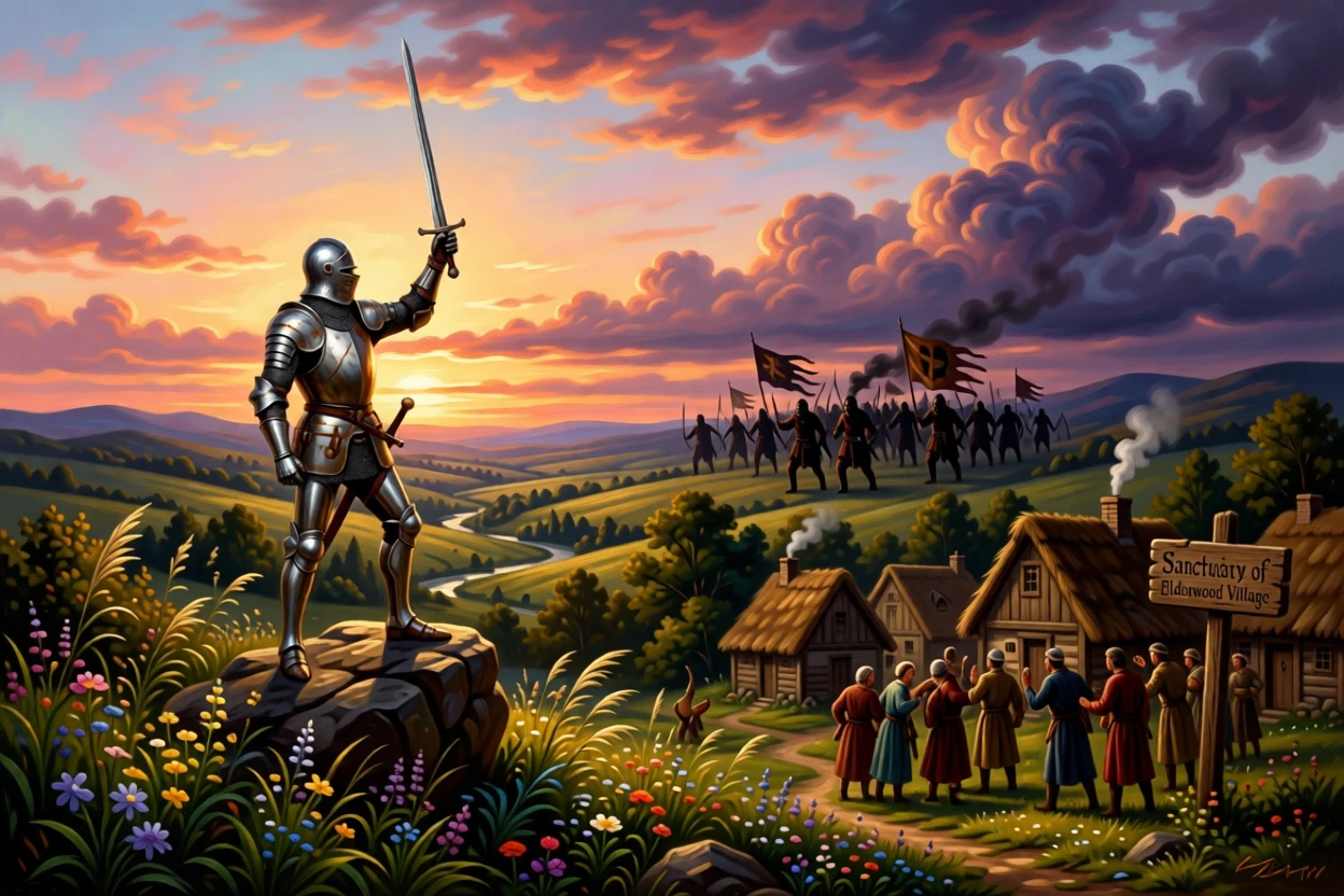 A knight defends a village from raiders at the break of dawn.