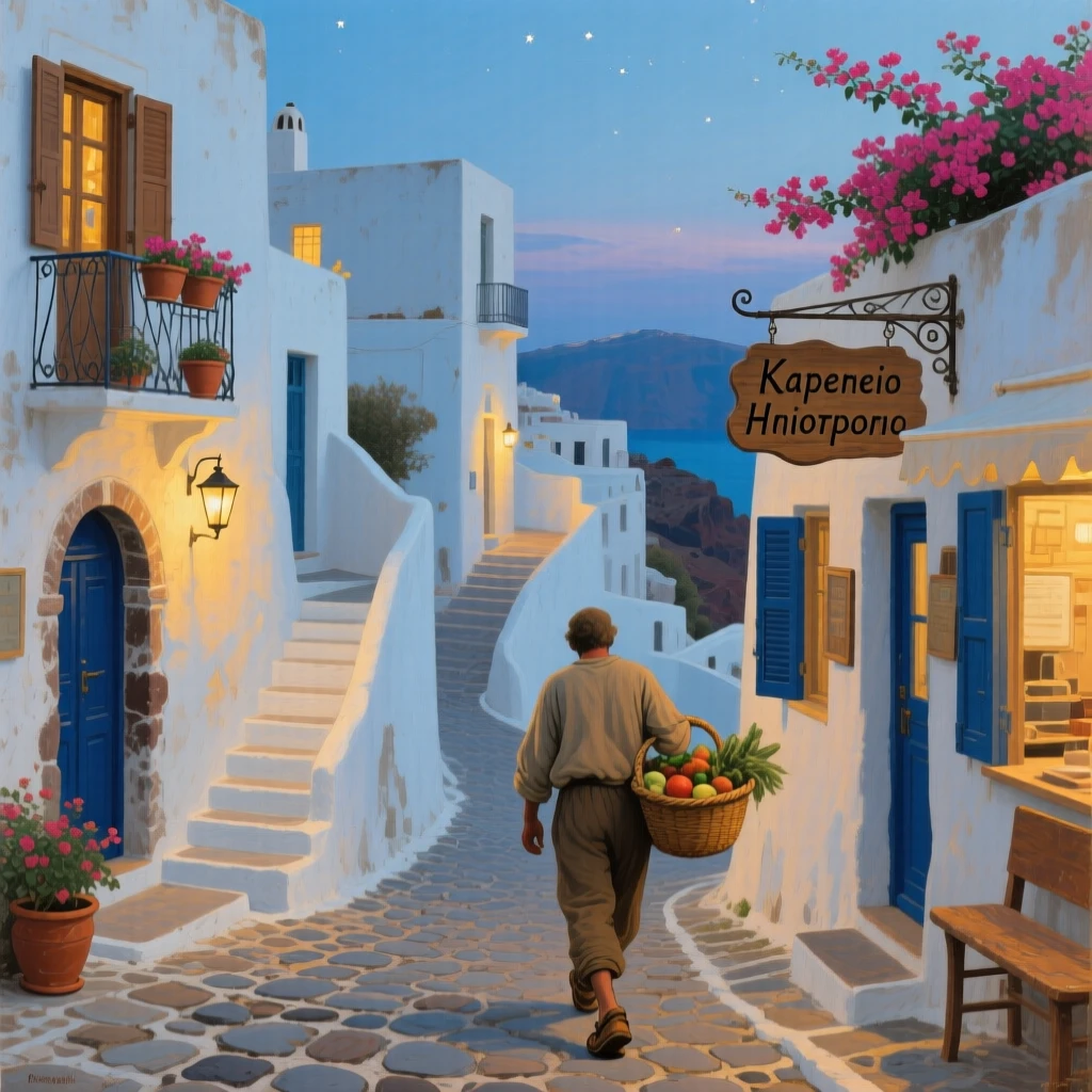 The narrow winding streets of Santorini bathed in soft blue evening light, with warm lantern or window light glowing throughout the scene, designed to transport the viewer directly into the scene
