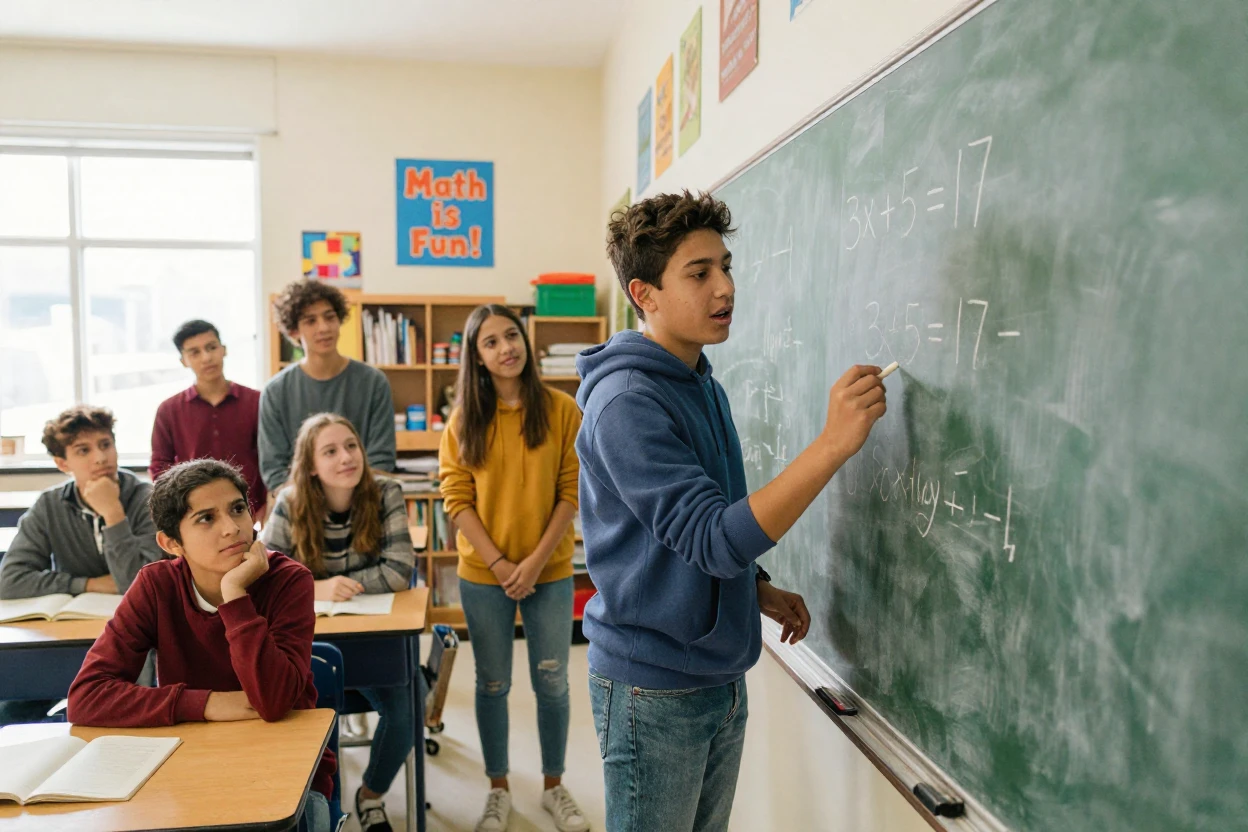 A young student solves an equation at a chalkboard while classmates watch intently.