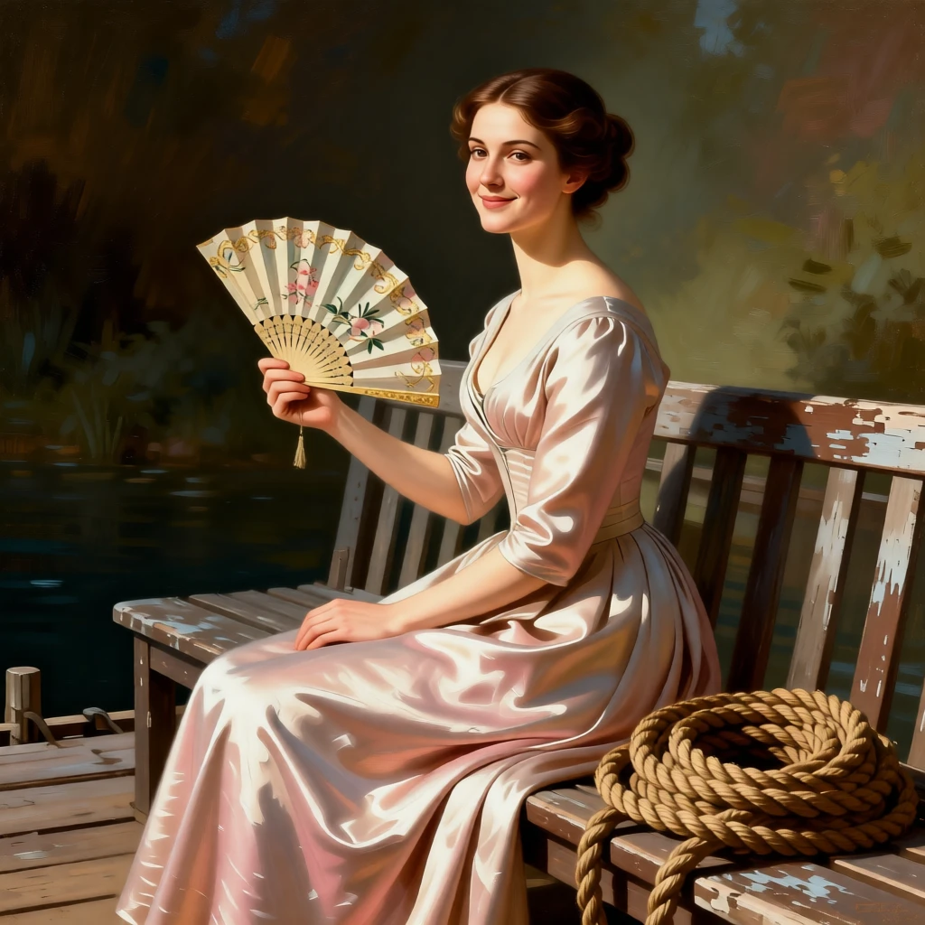 A society lady fanning herself at an elegant garden party turning slightly toward a soft, unseen light, set on a weathered dockside bench beside coiled rope, with a faint, knowing smile just touching the corner of the mouth; the pose is turned gently off-center for a natural, candid feel, radiating warmth, humility, and lived experience.