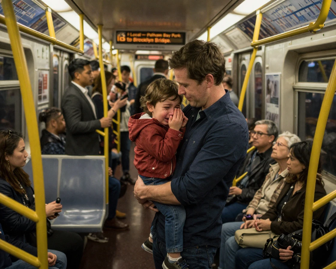 A man comforting his crying child on a crowded subway train
