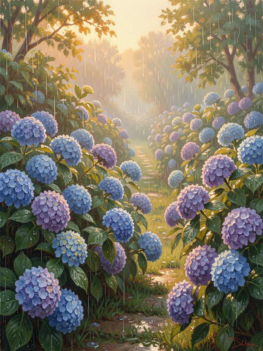 A garden overflowing with hydrangeas in shades of blue and violet after a gentle summer rain, at golden sunrise, inspiring awe at the beauty of the scene.