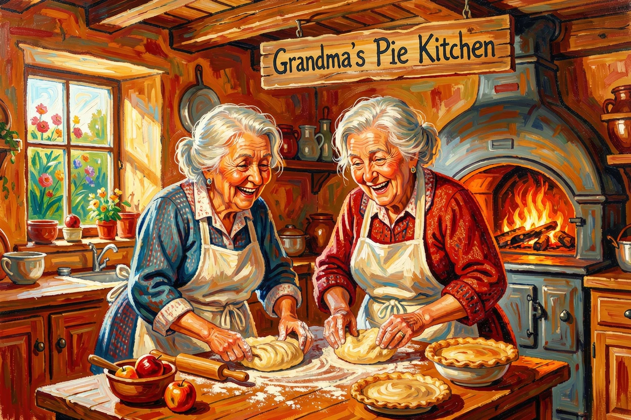 Two elderly sisters baking pies together in a warm farmhouse kitchen.