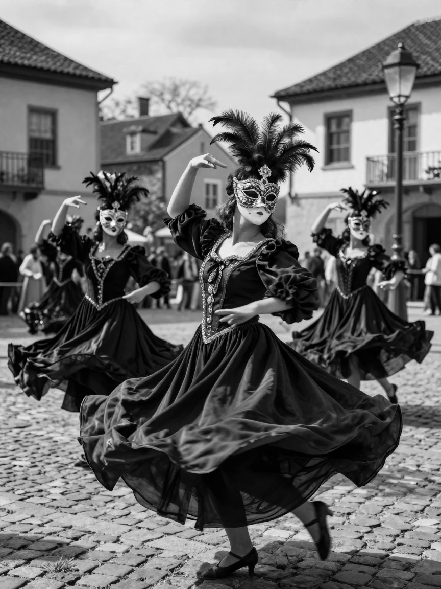 Dancers in elaborate masks twirl gracefully through the square during a traditional masquerade.