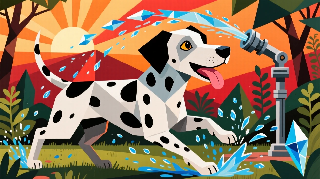 A charming portrait of a spotted dalmatian splashing happily in a garden sprinkler, at sunrise.