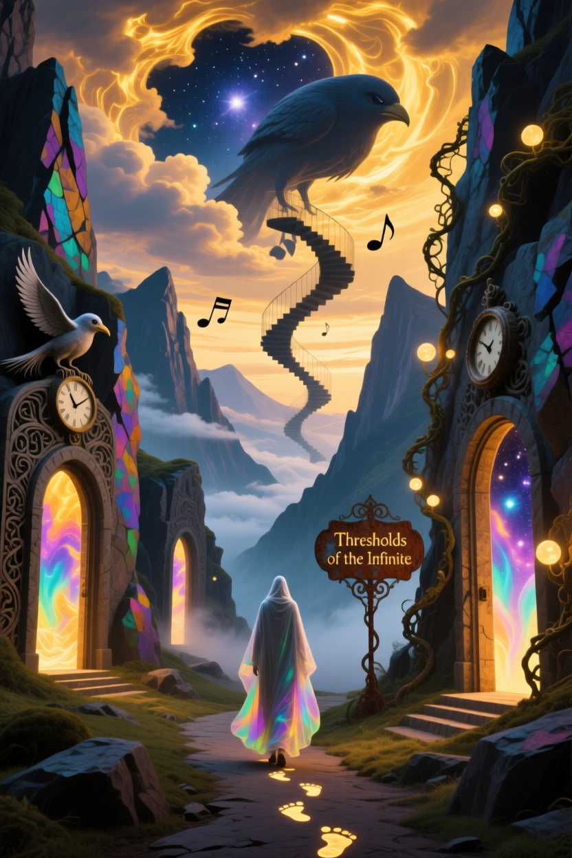 A mountain pass lined with doorways carved into solid rock hums faintly with a low, unseen music, while a lone figure walks quietly through its heart.