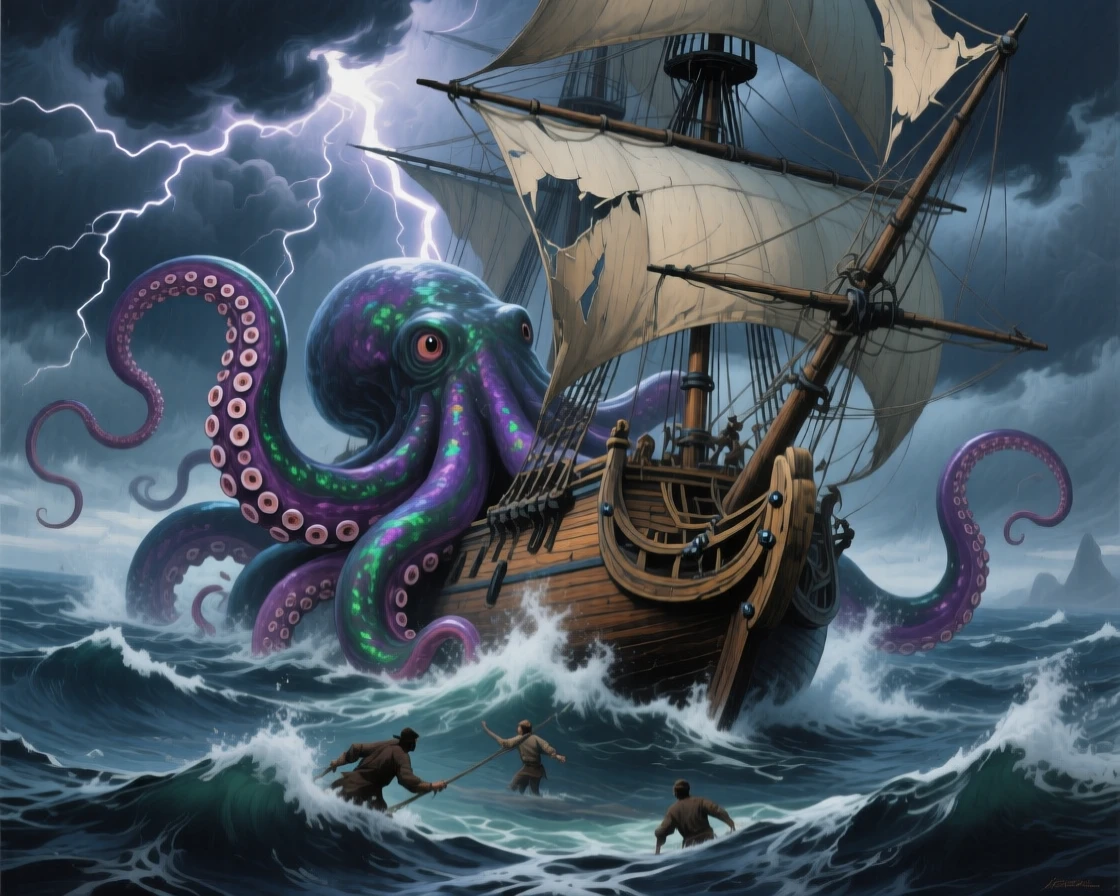 A massive kraken's tentacles rise from a stormy sea to grip the hull of a wooden ship, lightning illuminating the dramatic struggle, the atmosphere charged with a sense of quiet wonder and untold history.