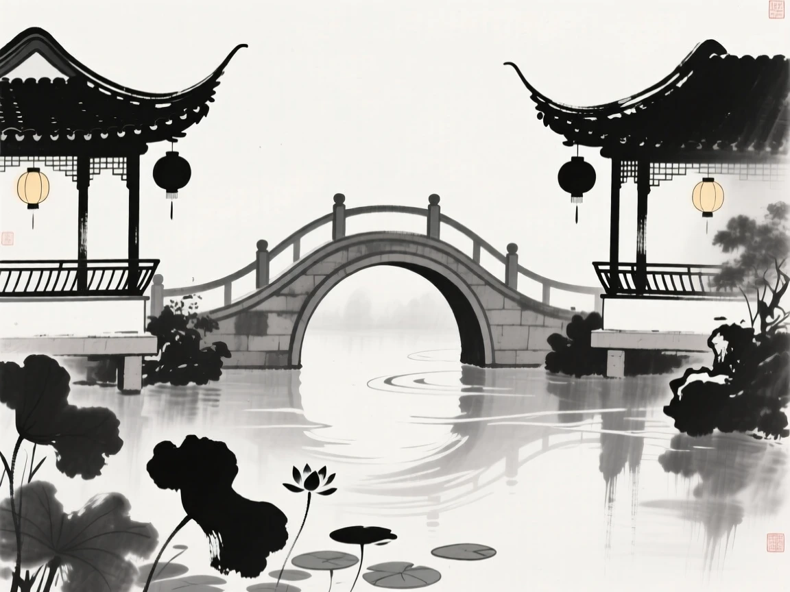 A curved bridge connects two garden pavilions across a lily pond, with lanterns hanging along its railings.