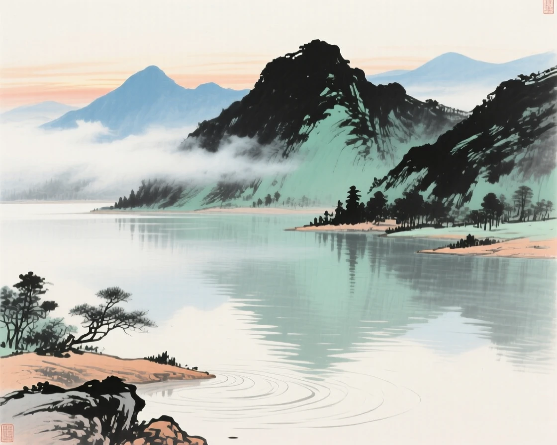A still mountain lake reflecting distant peaks, in the quiet hour before sunrise, beneath low hanging clouds.