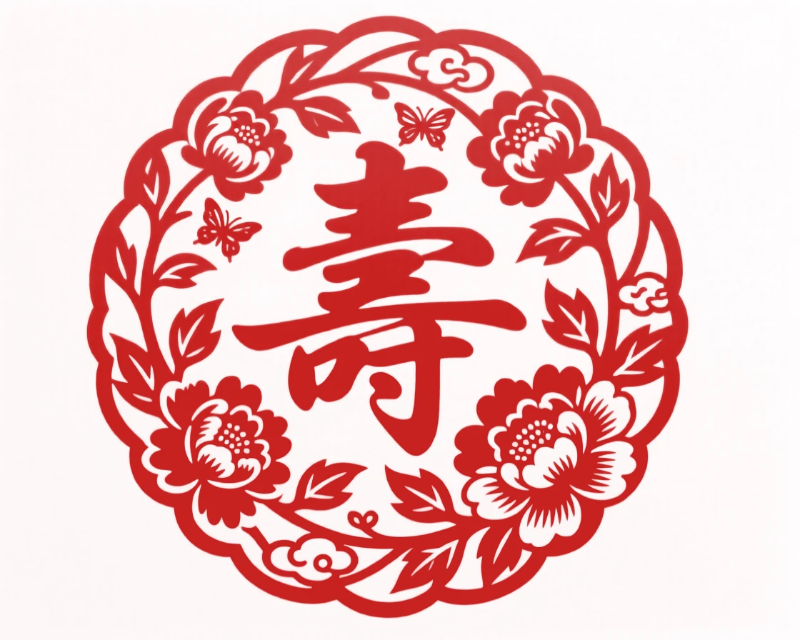 A peony wreath encircling a shou character, arranged within a circular medallion, an emblem of protection and quiet strength.