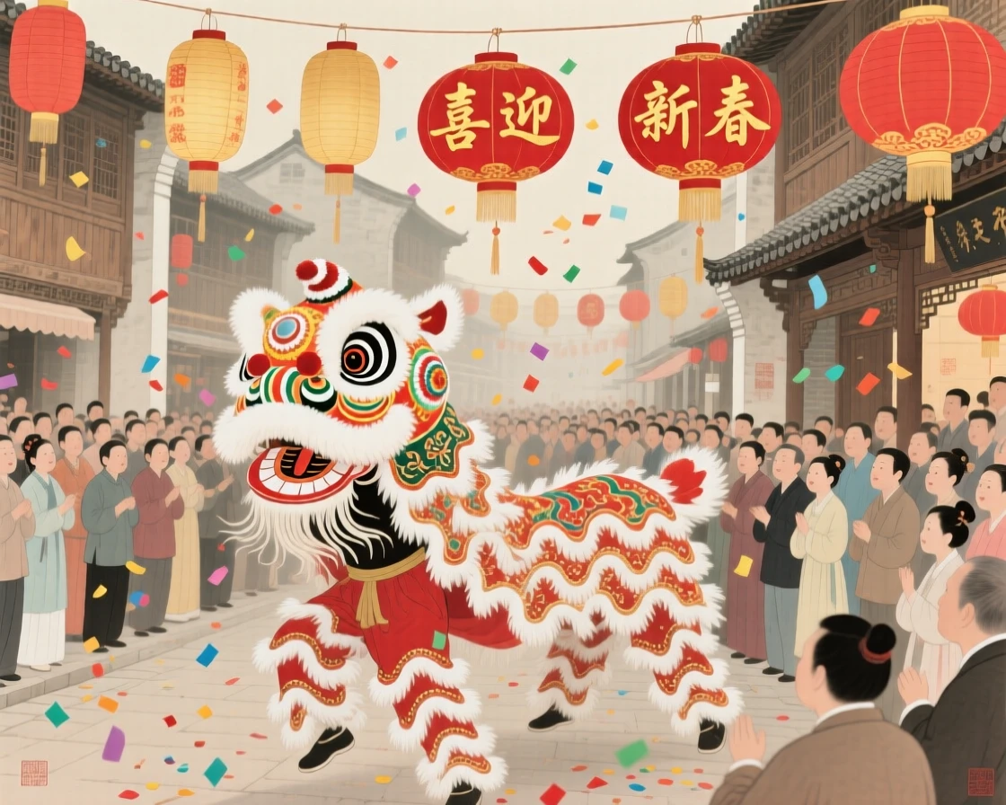 A lion dance performance in a crowded street filled with confetti, with paper lanterns swaying gently in the breeze