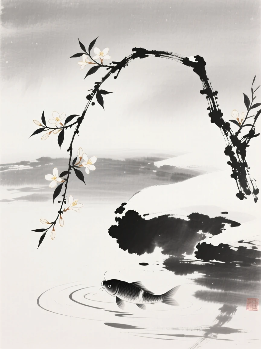 A branch of winter jasmine beside a tranquil koi pond, set against a soft gradient of misty background, celebrating the fleeting beauty of the season.