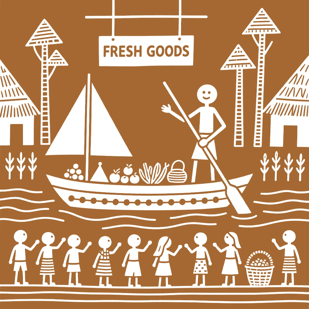 A boatman selling goods at a bustling village market.