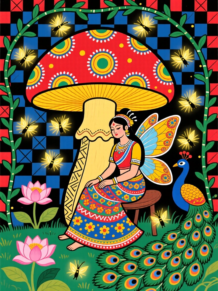 A fairy resting on a mushroom beneath a canopy of glowing fireflies.