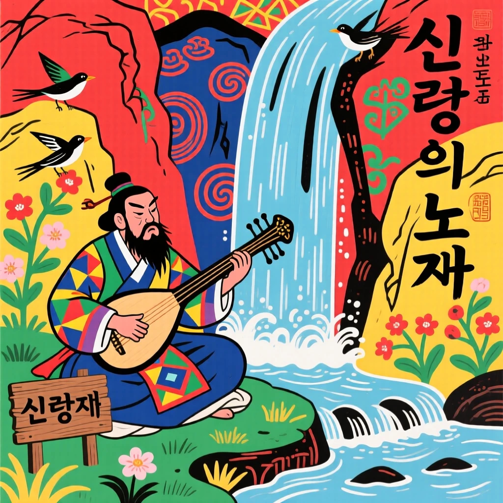 A village shaman playing a haunting melody on an ancient string instrument beside a waterfall, just after